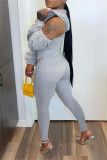 Grey Sexy Casual Solid Bandage Hollowed Out Hooded Collar Skinny Jumpsuits