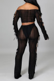 Black Sexy Solid Hollowed Out Patchwork Frenulum See-through Off the Shoulder Long Sleeve Two Pieces