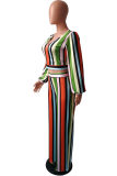 Orange Fashion Casual Striped Print Basic V Neck Long Sleeve Two Pieces
