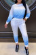 Color Blue Casual Gradual Change Letter Print Patchwork O Neck Long Sleeve Two Pieces