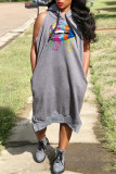 Red Casual Print Patchwork Hooded Collar Straight Dresses