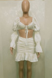 White Fashion Sexy Solid Bandage Backless V Neck Long Sleeve Two Pieces