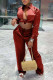Burgundy Sexy Solid Bandage Patchwork Buckle Turndown Collar Long Sleeve Two Pieces