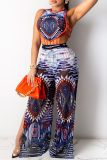 Blue Fashion Sexy Print Hollowed Out Slit O Neck Sleeveless Two Pieces