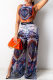 Blue Fashion Sexy Print Hollowed Out Slit O Neck Sleeveless Two Pieces