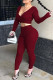 Red Sexy Solid Patchwork V Neck Long Sleeve Two Pieces