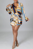 Blue Casual Print Bandage Patchwork Turndown Collar Tops