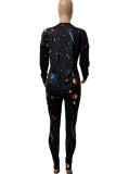 Black Casual Print Patchwork O Neck Long Sleeve Two Pieces