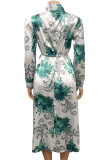 Green Fashion Casual Print With Bow V Neck Long Sleeve Dresses