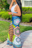 Blue Casual Print Patchwork V Neck Straight Jumpsuits