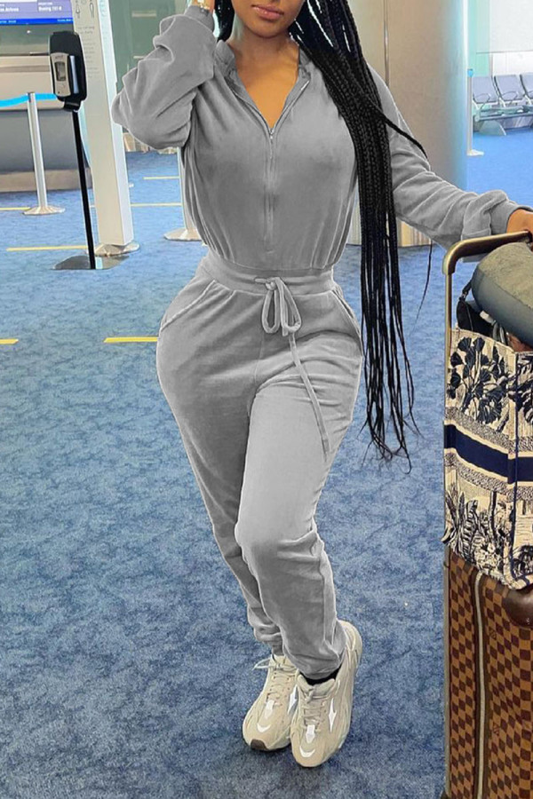 Grey Casual Solid Patchwork Frenulum Zipper Collar Regular Jumpsuits