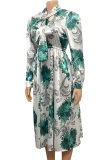 Green Fashion Casual Print With Bow V Neck Long Sleeve Dresses