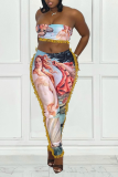 Colour Sexy Print Tassel Strapless Sleeveless Two Pieces