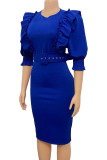 Blue Fashion Sexy Solid Patchwork O Neck Pencil Skirt Dresses