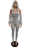 Grey Sexy Casual Solid Bandage Hollowed Out Hooded Collar Skinny Jumpsuits