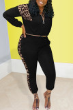 Blue Casual Print Patchwork Zipper Collar Long Sleeve Two Pieces