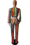 Orange Fashion Casual Striped Print Basic V Neck Long Sleeve Two Pieces