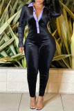 Deep Blue Fashion Casual Solid Patchwork Turndown Collar Regular Jumpsuits