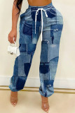 Blue Fashion Casual Print Basic Regular High Waist Conventional Full Print Bottoms