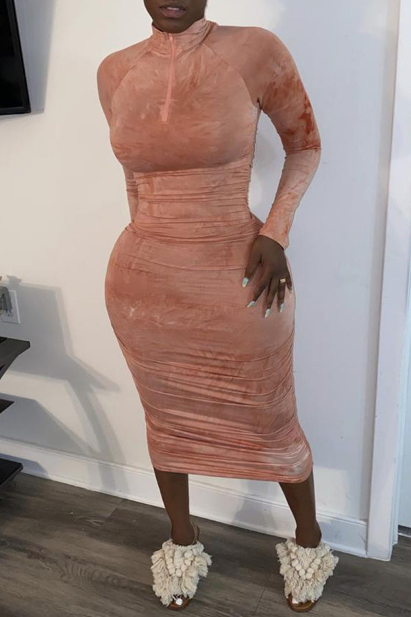 Pink Casual Solid Patchwork Zipper Collar Pencil Skirt Dresses