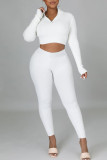 White Sexy Solid Split Joint Zipper Collar Long Sleeve Two Pieces
