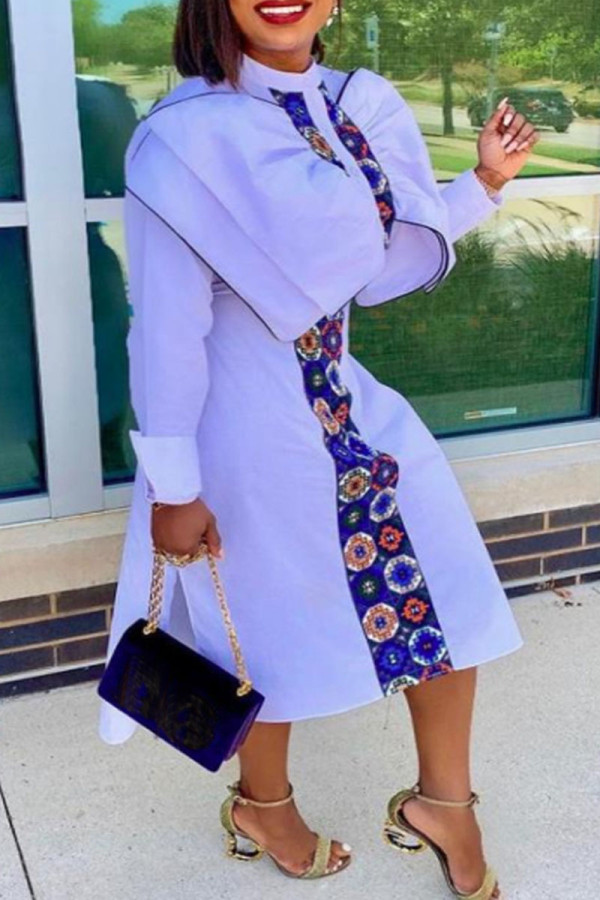 Light Blue Fashion Elegant Geometric Patchwork O Neck A Line Dresses