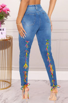 Medium Blue Fashion Casual Solid Bandage High Waist Skinny Jeans