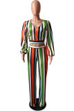 Orange Fashion Casual Striped Print Basic V Neck Long Sleeve Two Pieces