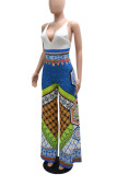 Blue Casual Print Patchwork V Neck Straight Jumpsuits