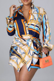 Blue Casual Print Bandage Patchwork Turndown Collar Tops
