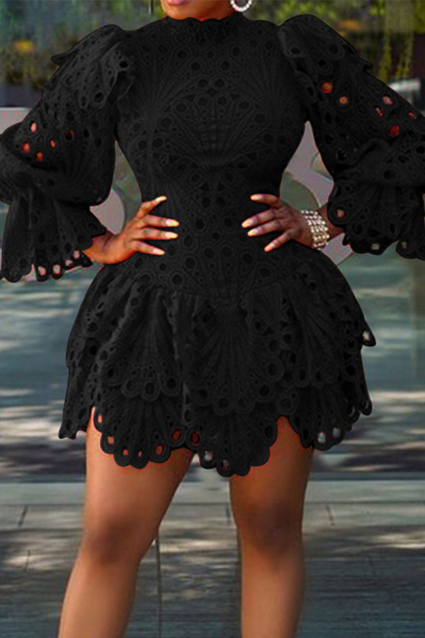 Black Elegant Solid Hollowed Out Patchwork Asymmetrical O Neck A Line Dresses