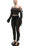 Black Sexy Solid Hollowed Out Patchwork Frenulum See-through Off the Shoulder Long Sleeve Two Pieces