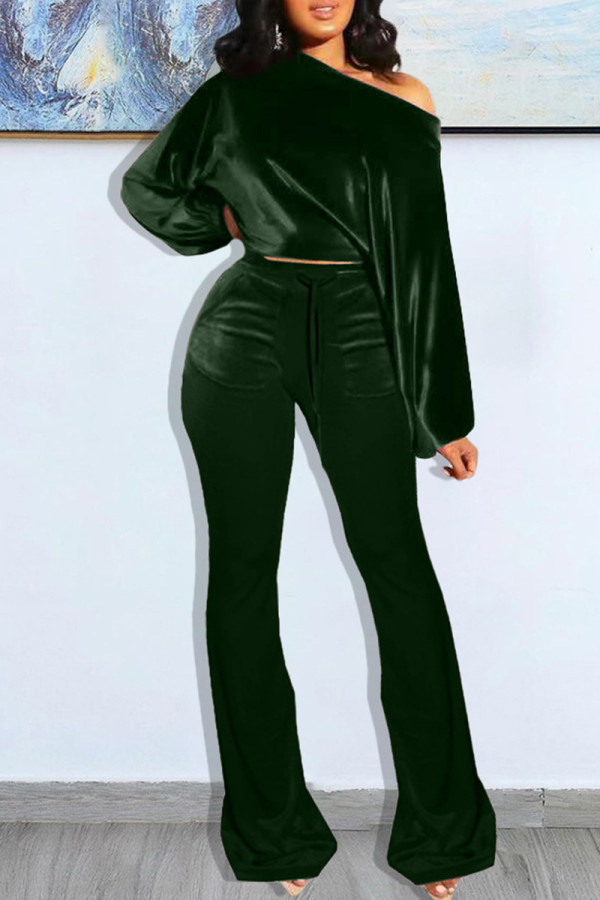 Ink Green Fashion Casual Solid Basic Oblique Collar Long Sleeve Two Pieces