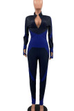 Blue Sportswear Print Patchwork Zipper Collar Skinny Jumpsuits