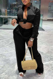 Army Green Sexy Solid Bandage Patchwork Buckle Turndown Collar Long Sleeve Two Pieces
