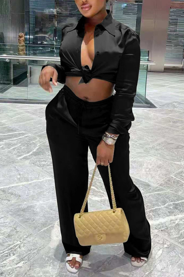 Black Sexy Solid Bandage Patchwork Buckle Turndown Collar Long Sleeve Two Pieces