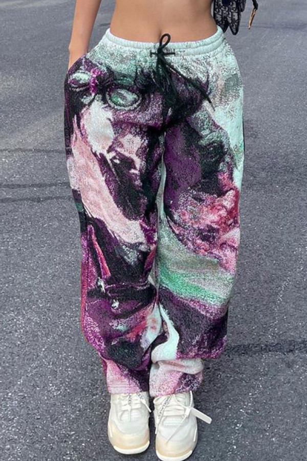 Purple Street Print Patchwork Loose High Waist Straight Full Print Bottoms