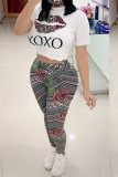 Black Fashion adult Street Letter Patchwork Print Two Piece Suits Lips Print pencil Short Sleeve Two Pieces