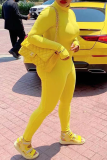 Yellow Sexy Solid Split Joint Zipper Collar Skinny Jumpsuits