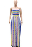 Rose Red Sexy Striped Print Hollowed Out Patchwork Backless Strapless Strapless Dress Dresses