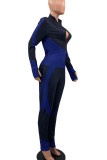 Blue Sportswear Print Patchwork Zipper Collar Skinny Jumpsuits