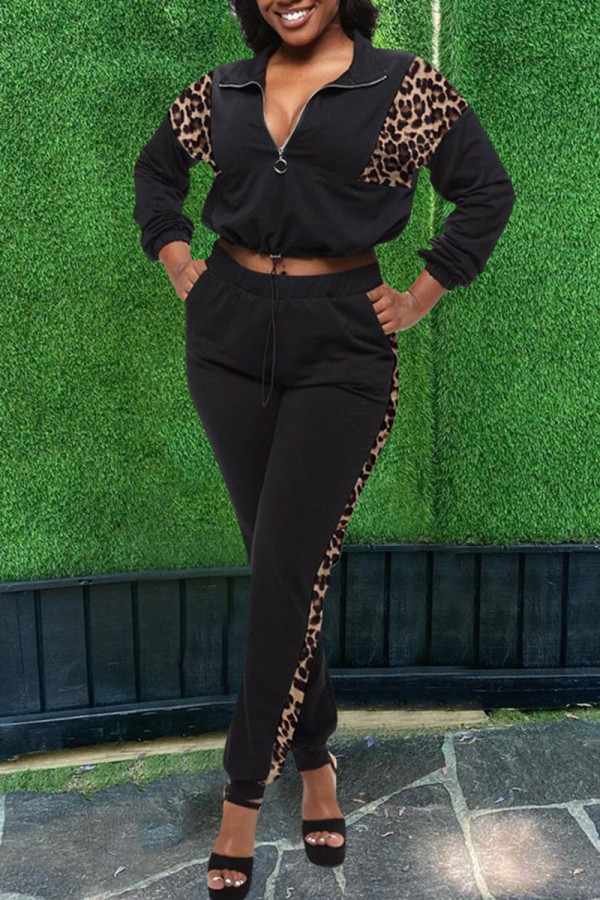 Black Casual Print Patchwork Zipper Collar Long Sleeve Two Pieces