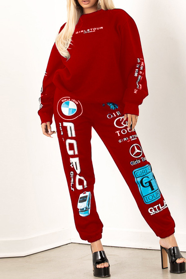Red Fashion Casual Print Basic O Neck Long Sleeve Two Pieces