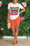 Blue Casual Letter Print Bandage O Neck Short Sleeve Two Pieces
