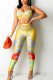 Yellow Sexy Print Patchwork Spaghetti Strap Sleeveless Two Pieces (Without Belt)