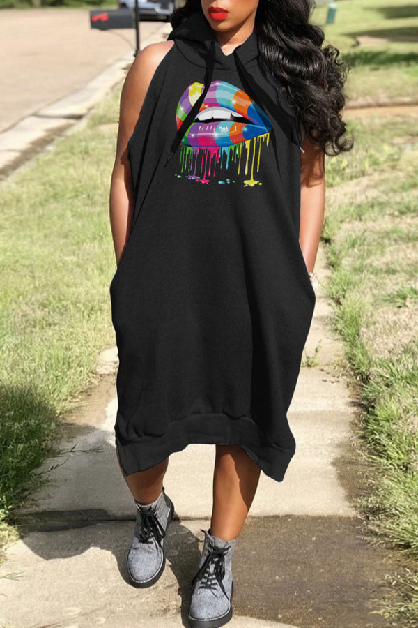 Black Casual Print Patchwork Hooded Collar Straight Dresses
