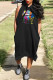Black Casual Print Patchwork Hooded Collar Straight Dresses