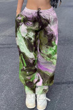 Purple Street Print Patchwork Loose High Waist Straight Full Print Bottoms