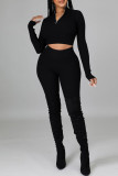Black Sexy Solid Patchwork Zipper Collar Long Sleeve Two Pieces