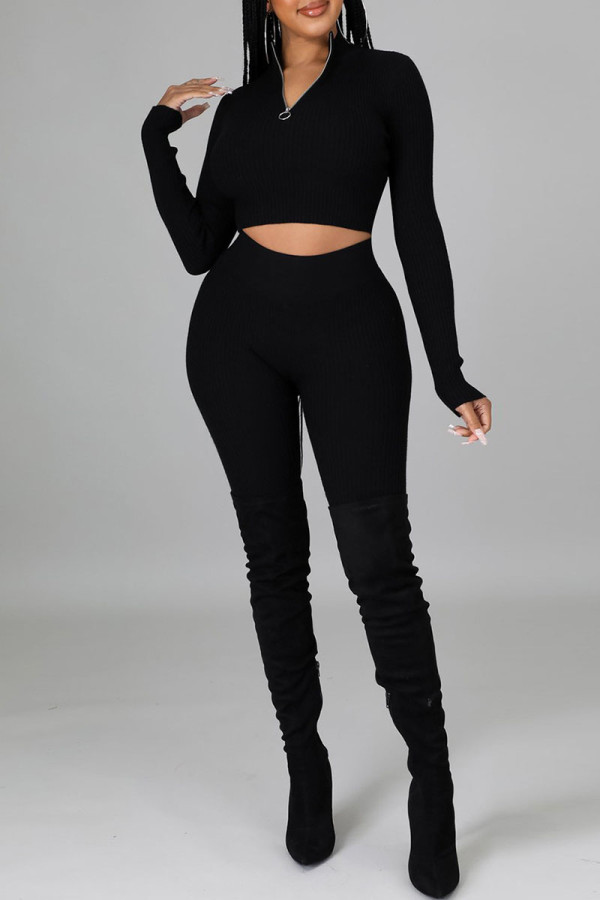 Black Sexy Solid Patchwork Zipper Collar Long Sleeve Two Pieces